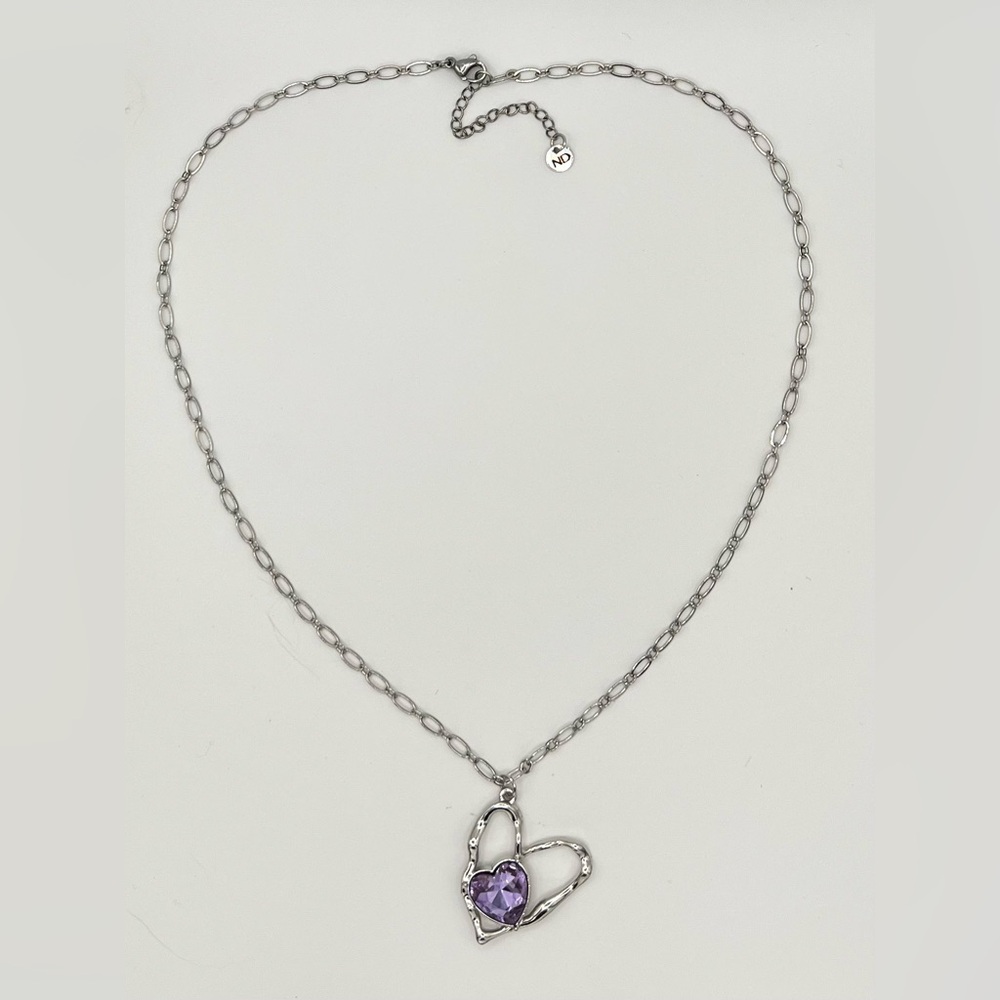 Stainless Steel Open Heart Necklace with Purple Crystal Pendant